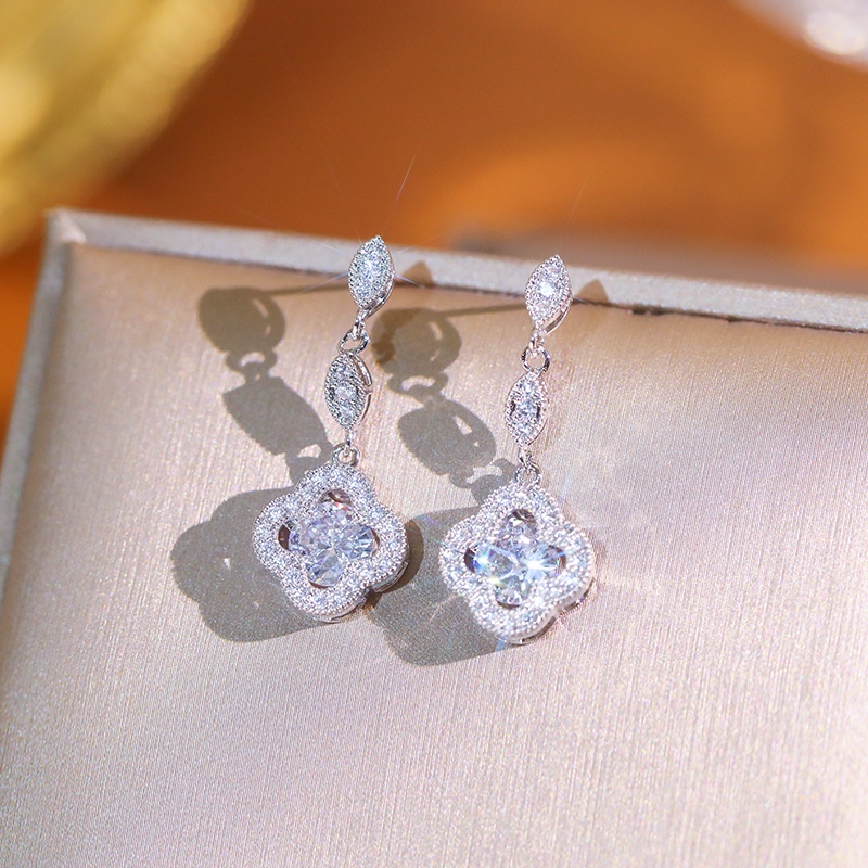 Bông tai bạc 925 JIUDUOLAN dáng dài hình cỏ bốn lá đính đá zircon nhân tạo thanh lịch phong cách Hàn Quốc cho nữ