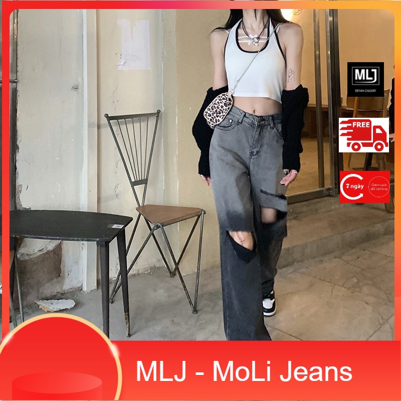 Quần jean Suông Ống Rộng màu Xám Loang Ombre rách kiểu phom To Dài hot hít 4251 MLJ