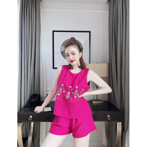 Đồ ngủ nữ, set bộ, đồ bộ mặc nhà áo sát nách thuê hoa quần ngắn màu trơn siêu xinh