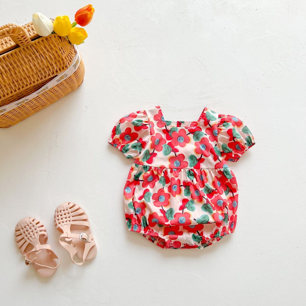 Bộ Áo Liền Quần Tay Phồng Cổ Vuông In Họa Tiết Hoa Đỏ Xinh Xắn Thời Trang Mùa Hè Cho Bé Gái