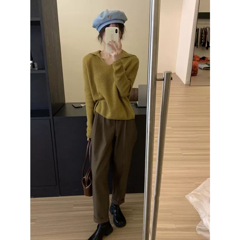 Áo len ZHELIHANGFEI dáng rộng tay dài cổ V phong cách retro