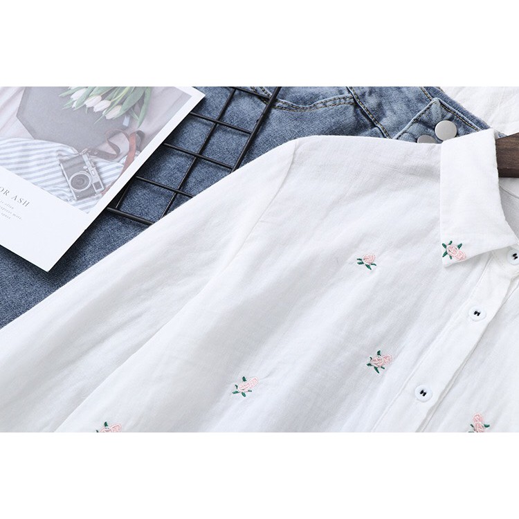 Áo SƠ MI TRẮNG  vải Xô thêu hoa nhí Nữ  maicuteshop