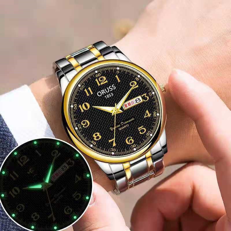 Đồng hồ cặp đôi ORUSS dạ quang có dây bằng thép không gỉ chống thấm nước phong cách doanh nhân cho cặp đôi