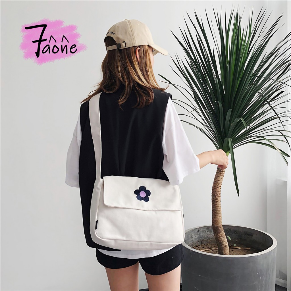 TÚI TOTE BÔNG HOA TÍM ĐEO CHÉO HÌNH IN (CÓ TÚI CON + NÚT NAM CHÂM) VẢI CANVAS UNISEX