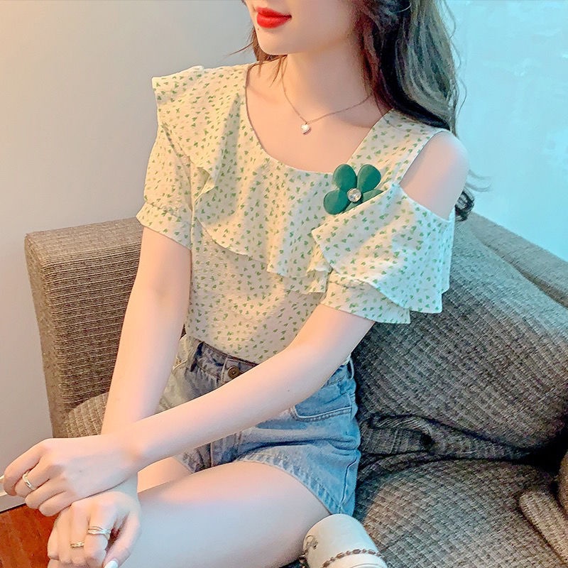 Áo Sơ Mi Chiffon Tay Ngắn Phối Bèo Thời Trang Mùa Hè Dành Cho Nữ