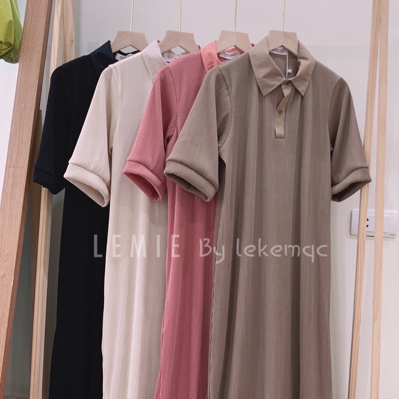 VÁY POLO HÈ TĂM NHŨN XẾP LY KHÔNG NHÀU NÁT, Váy tăm suông cổ tròn cổ sen