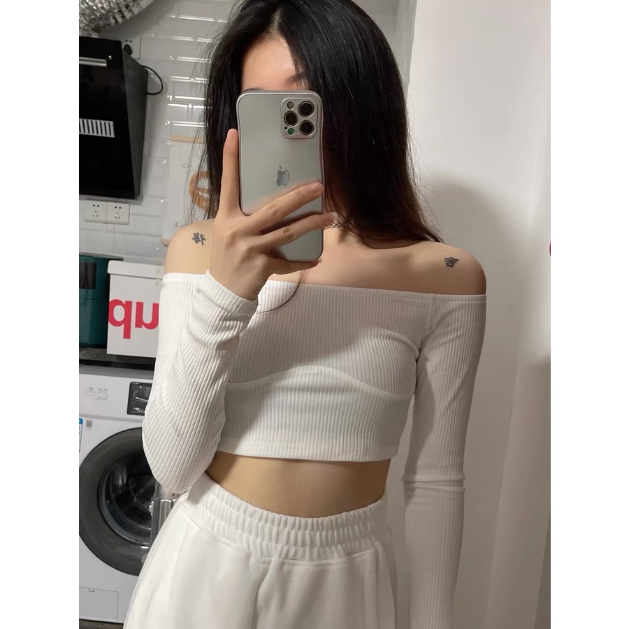Áo Croptop Tay Dài Hở Vai Màu Sắc Trơn Thời Trang Dành Cho Nữ