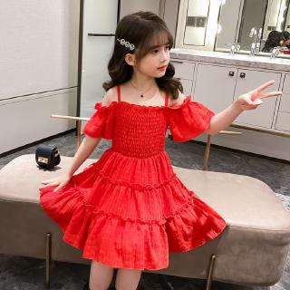 Đầm Công Chúa Một Mảnh Màu Trơn Hở Vai Thời Trang Mùa Hè Cho Bé Gái