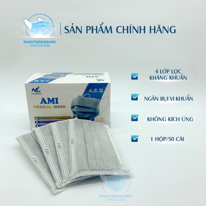 Khẩu trang y tế 4 lớp giấy kháng khuẩn Ami màu xám hộp 50 chiếc