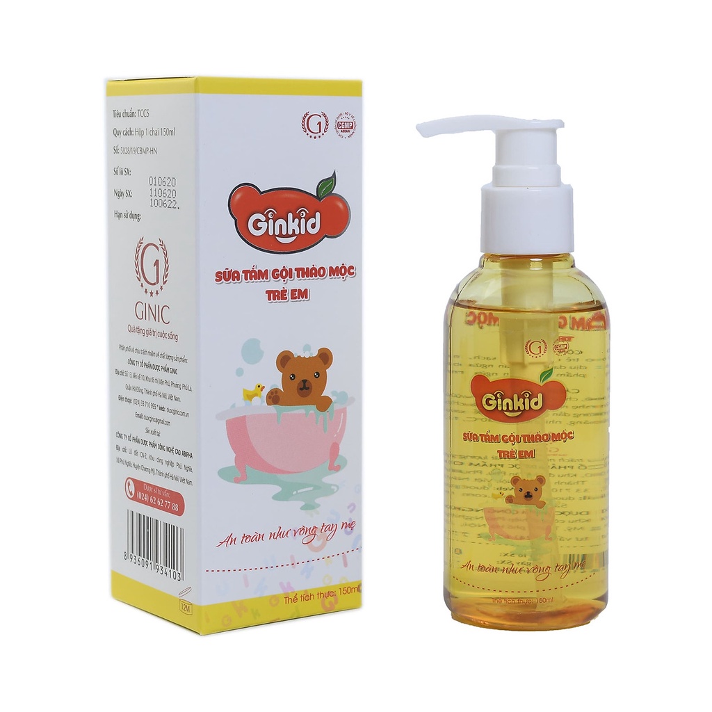 Sữa Tắm Gội Thảo Mộc Trẻ Em GINKID - Chiết xuất Trà xanh, tinh dầu Tràm gió, Sả chanh, Muối (Chai 150ml)