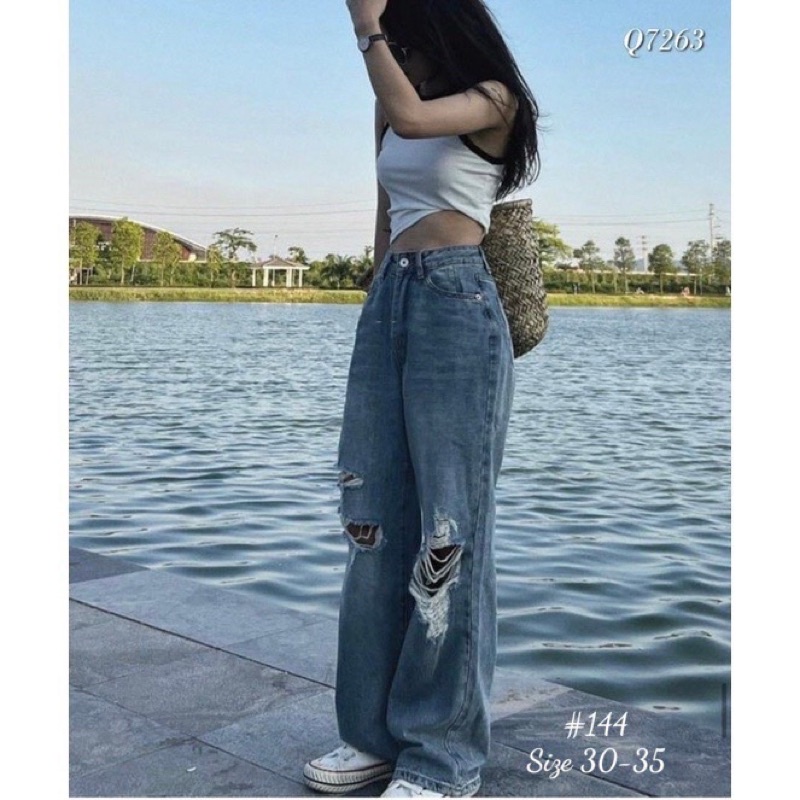 Quần Jean Nữ Bigsize Lưng Cao Ống Rộng Rách Kiểu Thời Trang Cực Đẹp Ms144