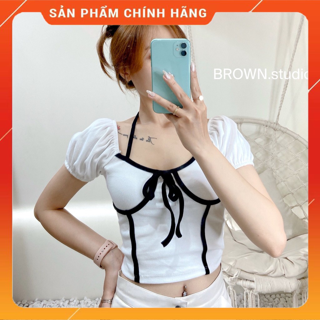 phẩm [ MÃ - BROWBTNT1 - SALEOFF 10%]    ÁO   CROPTOP   YẾM   VIỀN  THUN  GÂN   DÀY  DẶN  BROWN.studi
