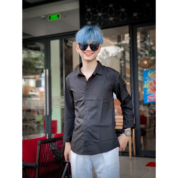 Áo sơ mi đen trắng nam tay dài công sở dáng ôm, vải lụa không nhăn, thấm hút mồ hôi tốt