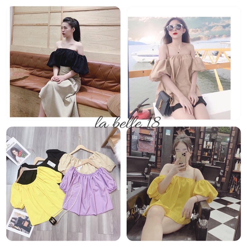 Áo trễ vai cổ vuông chun dáng xoè Áo bệt vai chất thô lụa mặc 2 kiểu