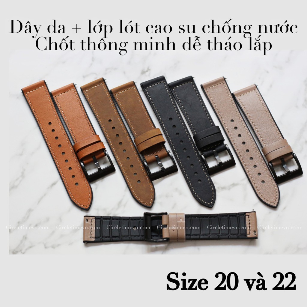 Dây da đồng hồ, Dây da hybrid kèm chốt thông minh size 20mm , 22mm - dùng cho đồng hồ samsung, huawei, garmin, amazfỉt..