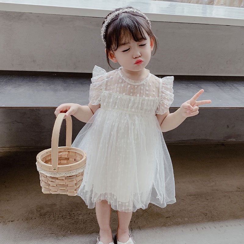 Đầm Công Chúa Tay Phồng Ngắn Phối Lưới Thời Trang Mùa Hè Hàn Quốc Hàng Mới Dành Cho Bé Gái 2022