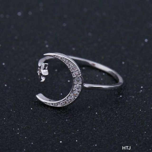 Nhẫn trăng sao bạc ý xi vàng trắng