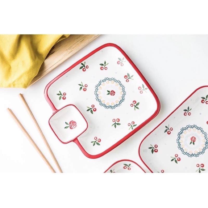 Đĩa đa năng cherry, bát đĩa cherry kèm ngăn chấm, khay cherry tiện lợi (hàng có sẵn)