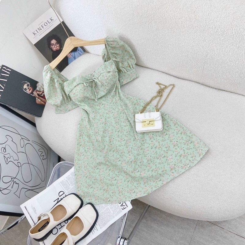 ĐẦM VÁY XANH HOA NHÍ CÓ MÚT ĐỆM 2 LỚP