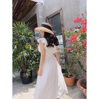 Đầm váy freesize trắng cổ V 2 túi