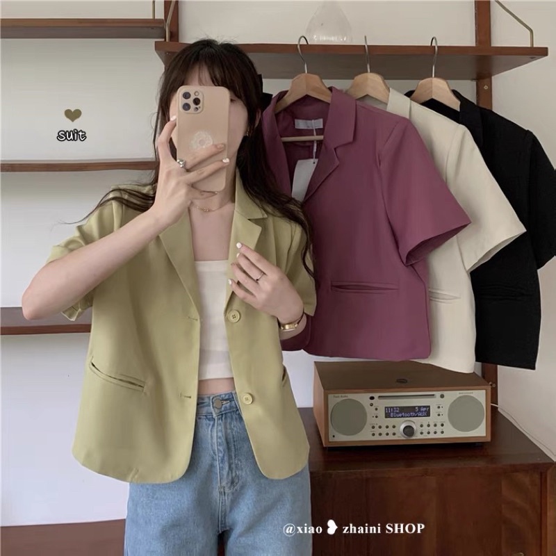 Áo khoác nhẹ blazer basic gam màu pastel trơn cổ tim croptop, vest nữ thời trang công sở hàn quốc vét