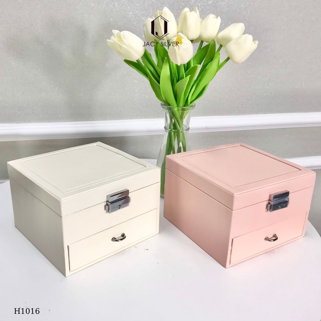 Hộp da đựng trang sức, dây chuyền, nhẫn, khuyên tai 2 tầng kèm gương H1016