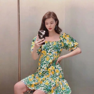 Đầm Zara hoạ tiết lá xanh hoa vàng màu rất đẹp, rạng rỡ DH1BTG4N8