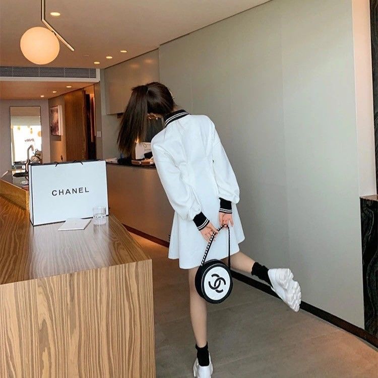 Đầm tay dài cổ POLO màu trơn thời trang mùa thu mới 2021 cho nữ