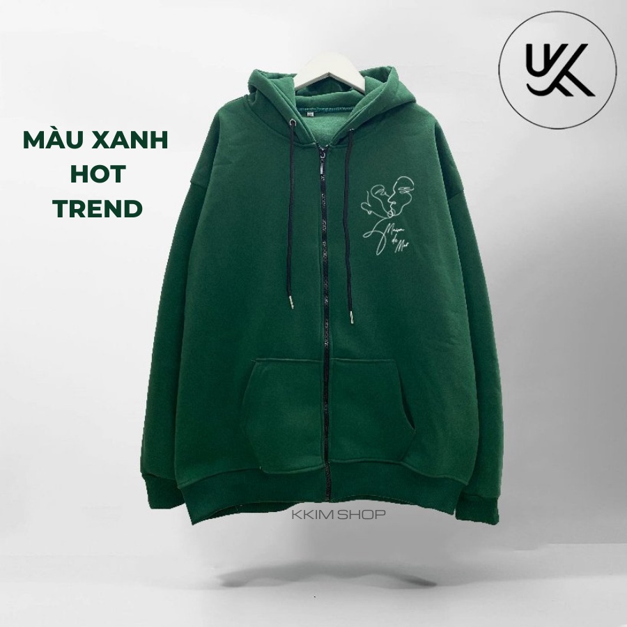 Áo Nỉ HOODIE ZIP Line Art 2 Faces màu XANH LÁ, Áo khoác hoodie dây kéo unisex nam nữ form rộng oversize nỉ bông cao cấp