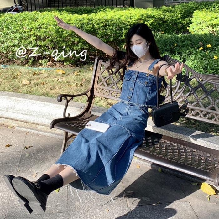 Set Áo Hai Dây Phối Chân váy jean Chữ A Lưng Cao Thời Trang Hàn Quốc Cá Tính Cho Nữ