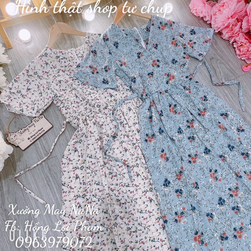 Maxi dài hoa nhí cổ đắp chéo