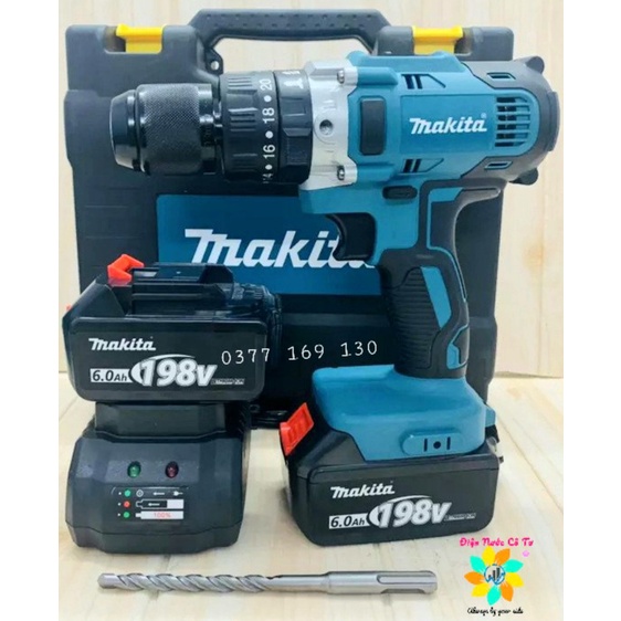 Máy khoan pin MAKITA 198V 2 pin 3 chức năng có búa không chổi than tặng kèm bộ phụ kiện bắn vít 24 chi tiết