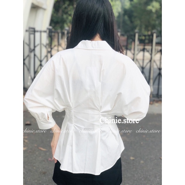 áo sơ mi nữ trắng công sở nhúm eo dáng xòe trẻ trung năng động