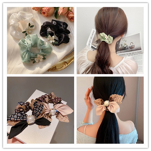 Dây Buộc Tóc Cao Su Co Giãn Thắt Nơ Hoa Đính Ngọc Trai Giả Kiểu Pháp Thanh Lịch Cho Nữ