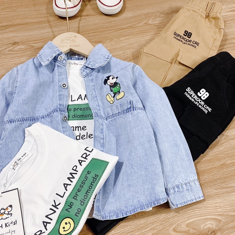 (set 3 chi tiết ) bộ quần áo bé trai , quần áo dài tay bé trai phong cách hàn quốc , áo bò , quần kaki