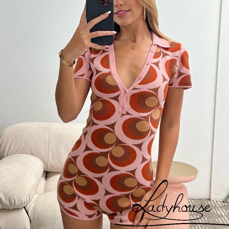 Ldd- Bộ Áo Liền Quần Dệt Kim Tay Ngắn Cổ Chữ V Cài Nút Màu Hồng Họa Tiết Hoa Thời Trang Mùa Hè Dành Cho Nữ