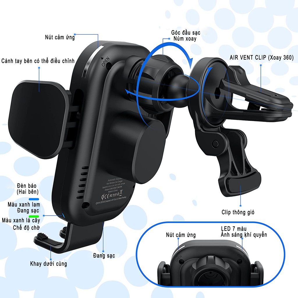 Bộ sạc ô tô không dây không dây, Sạc nhanh 15W / 10W / 7,5W Qi Giá treo tự động kẹp (Đen) | BigBuy360 - bigbuy360.vn