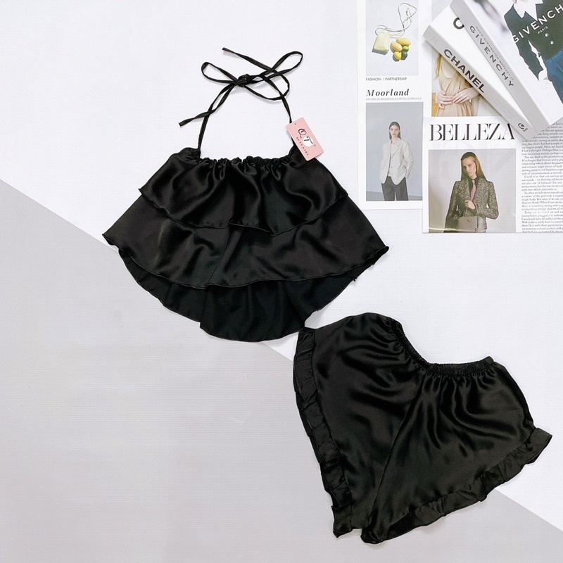 Đồ Ngủ Lụa 2 Dây Nữ Trúc My, lụa satin kiểu yếm tầng freesize 40-58kg, tuỳ chiều cao