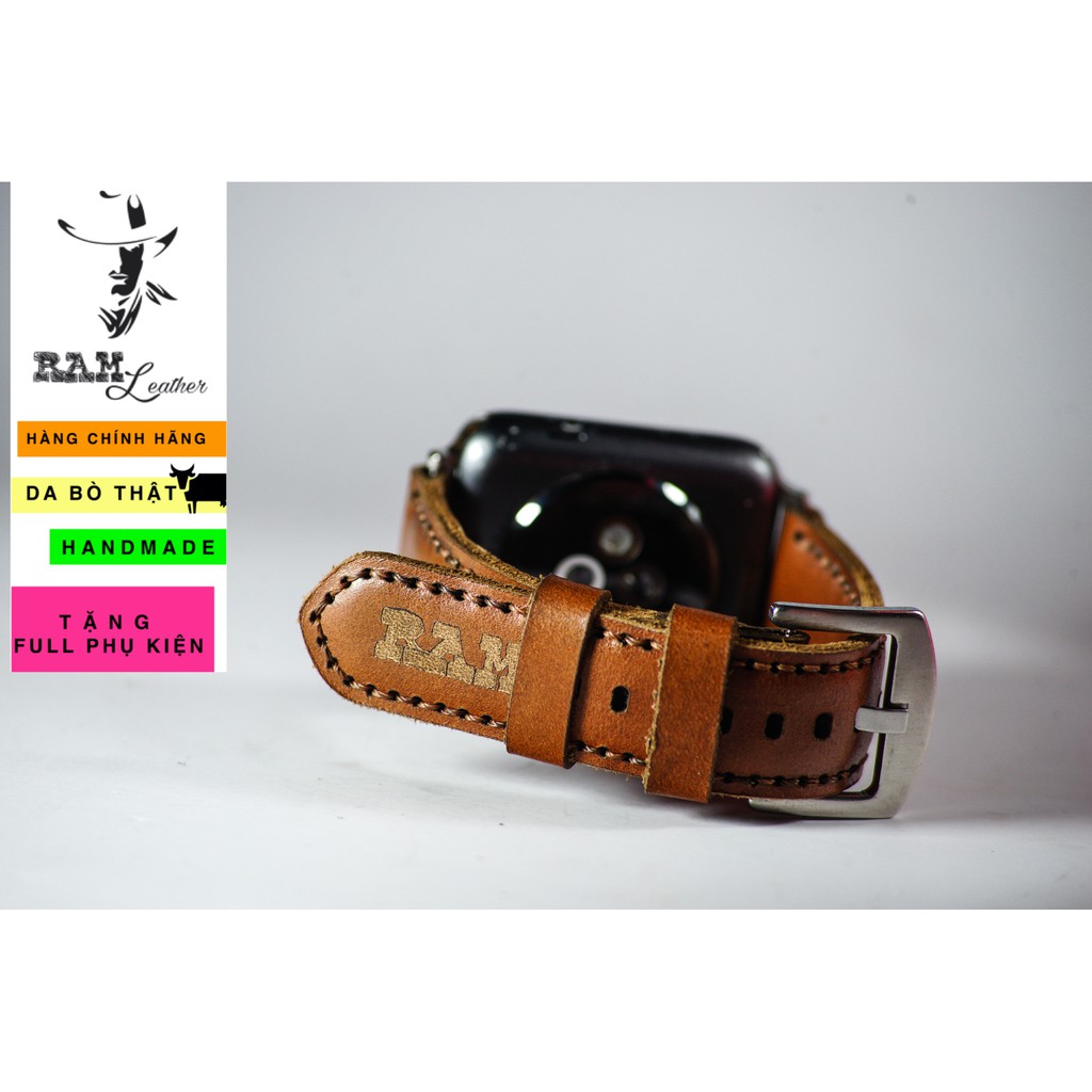 Dây đồng hồ Apple Watch , Iwatch , Iphone Watch Da Bò Nâu Đỏ RAM Leather Classic 1980  Bền Đẹp
