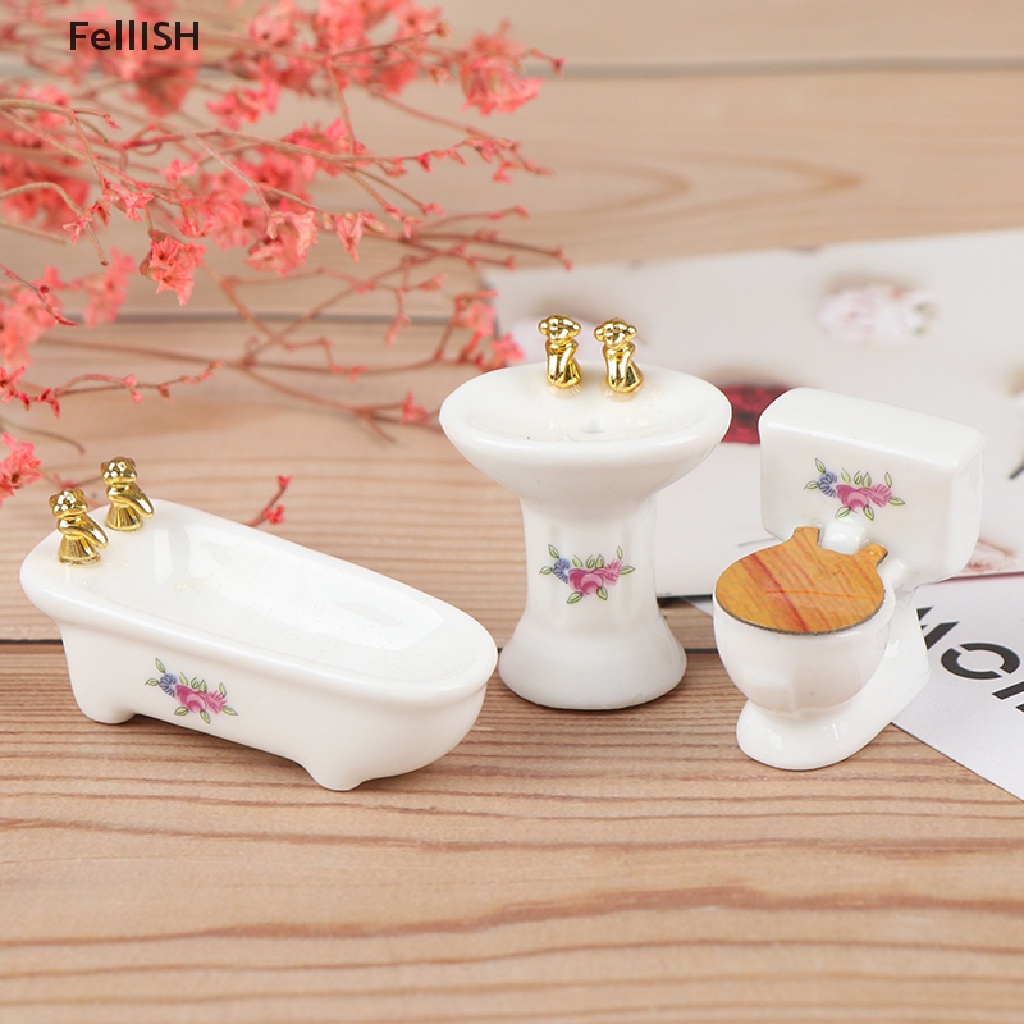 Set 3 Món Đồ Dùng Nhà Tắm Bằng Sứ Tỉ Lệ 1: 24 Độc Đáo Cho Nhà Búp Bê 439br
