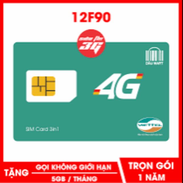 Sim 4G Viettel 12F90 Trọn Gói 1 Năm Gọi Free và Data Free .. Không Cần Nạp Tiền