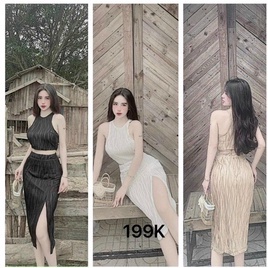 Sét bộ xốp áo 3 lỗ croptop phối chân váy dài body xẻ tà cực xinh , chất thun xốp mềm mát ly