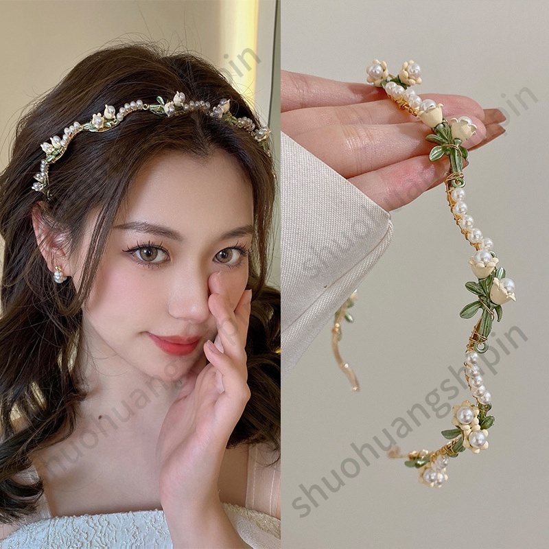 Băng Đô Hoa Lily Đính Ngọc Trai Nhân Tạo Phong Cách Retro Thanh Lịch Hợp Thời Trang