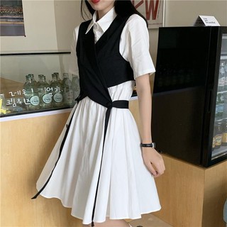 [ORDER] Set ulzzang váy sơ mi trắng nữ sinh + áo gile đen đan dây chéo hot Tik Tok Trung có size