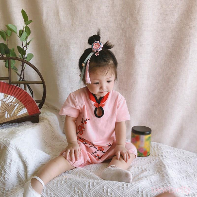 Bộ áo liền quần ngắn tay in hoa kiểu cổ điển cho bé gái sơ sinh