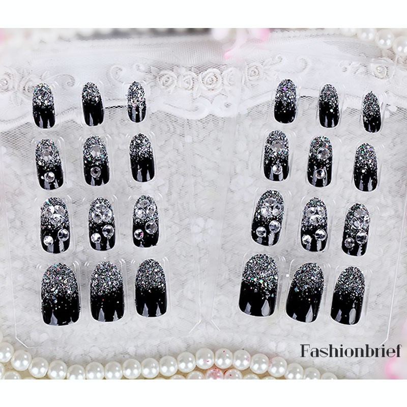Set 24 móng tay giả màu đen đính đá nữ tính