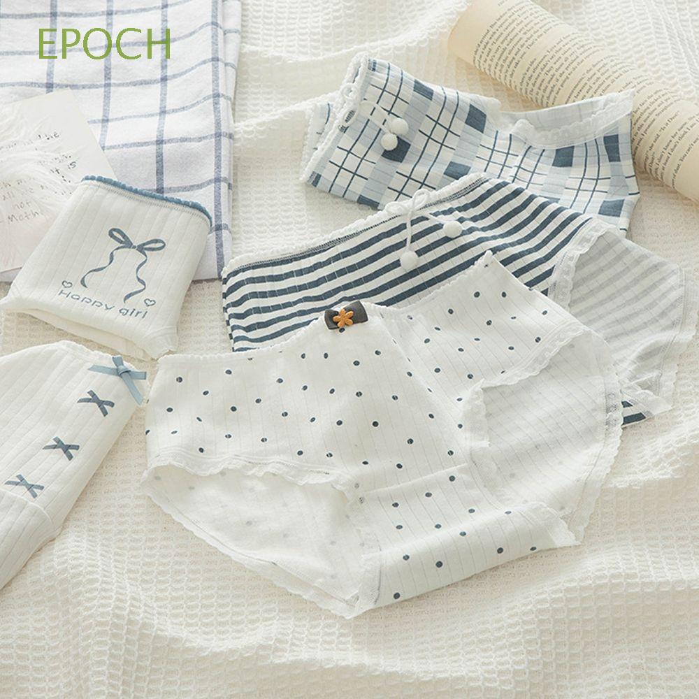 EPOCH Quần lót lưng vừa phối ren co giãn thoáng khí họa tiết kẻ sọc/ chấm bi phong cách Hàn Quốc ngọt ngào cho nữ