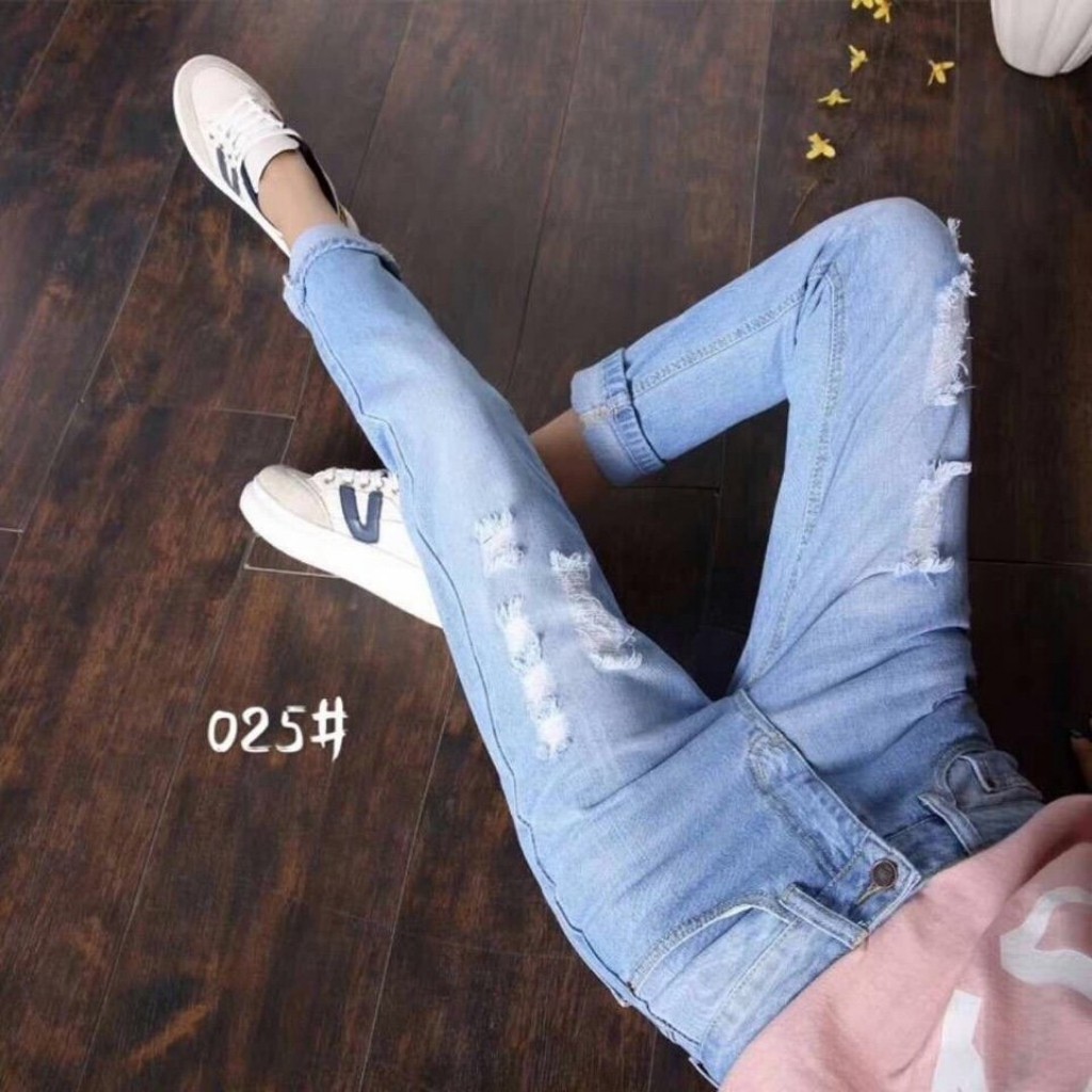 Quần Baggy Jeans Nữ Cạp Cao Lưng Cao Rách Gối Hàng Quảng Châu Cao Cấp