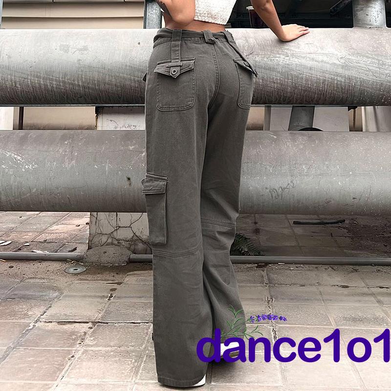 Quần Jeans Ống Rộng Lưng Cao Có Túi Thời Trang Hàn Quốc Khiêu Vũ1O1-Harajuku Y2K