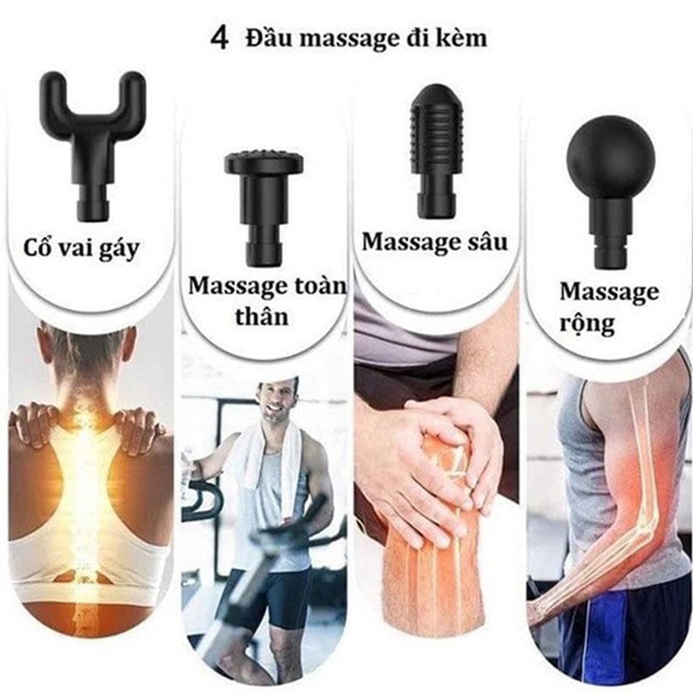 Súng massage cầm tay GUN 4 đầu 6 chế độ trị liệu đau mỏi vai gáy,đau giãn cơ - bảo hành 6 tháng